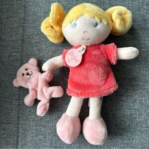 JoLijou Paris Plush Doll Baby Lovey with Pink Bear Demoiselle Corail Blonde 8"
